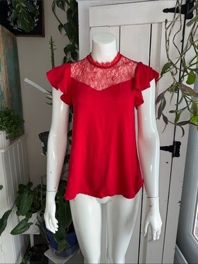 H&M Red Lace Yoke Flutter Sleeve Women’s Top NWOT